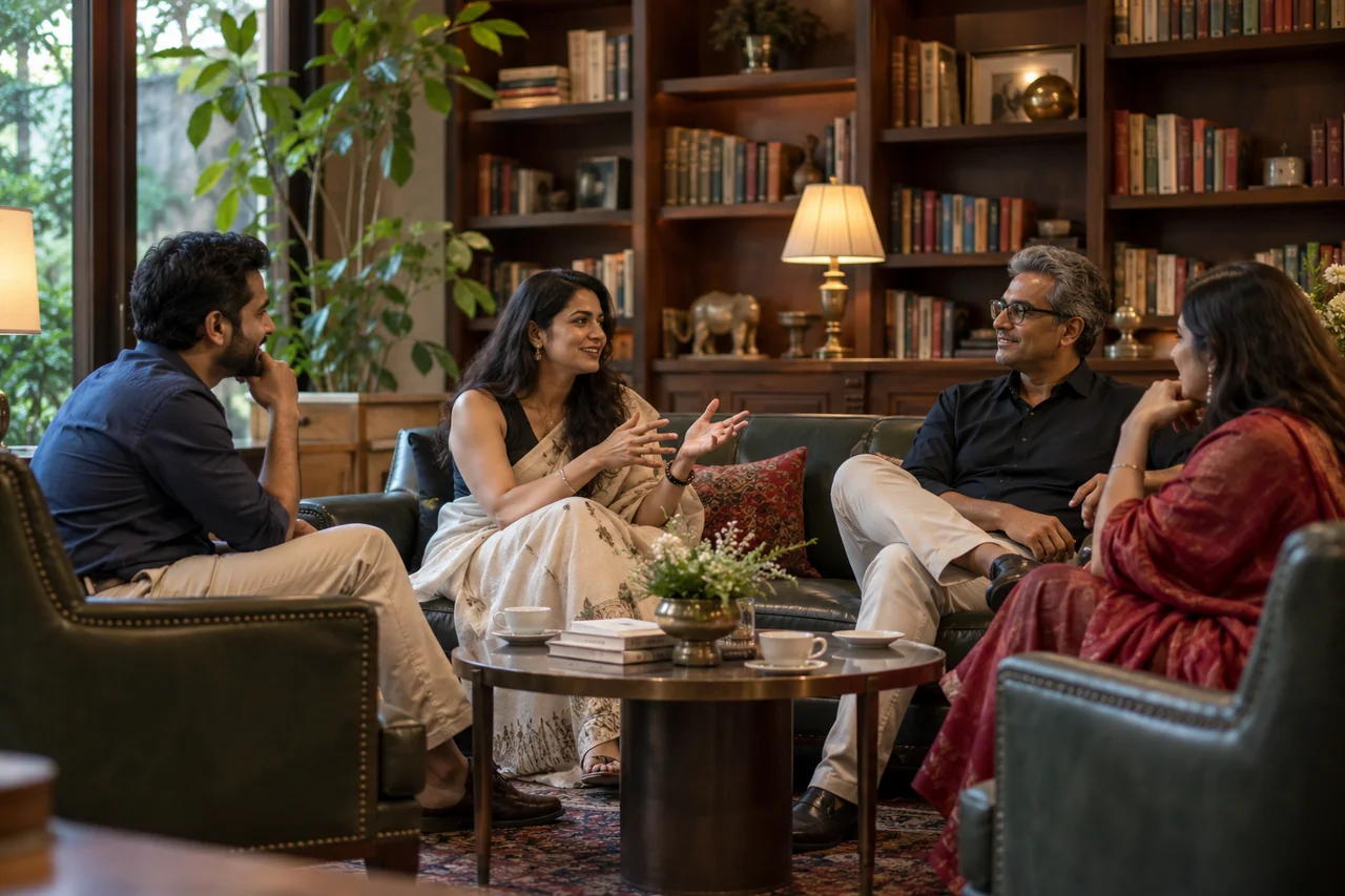 A small group in a book-lined discussion room