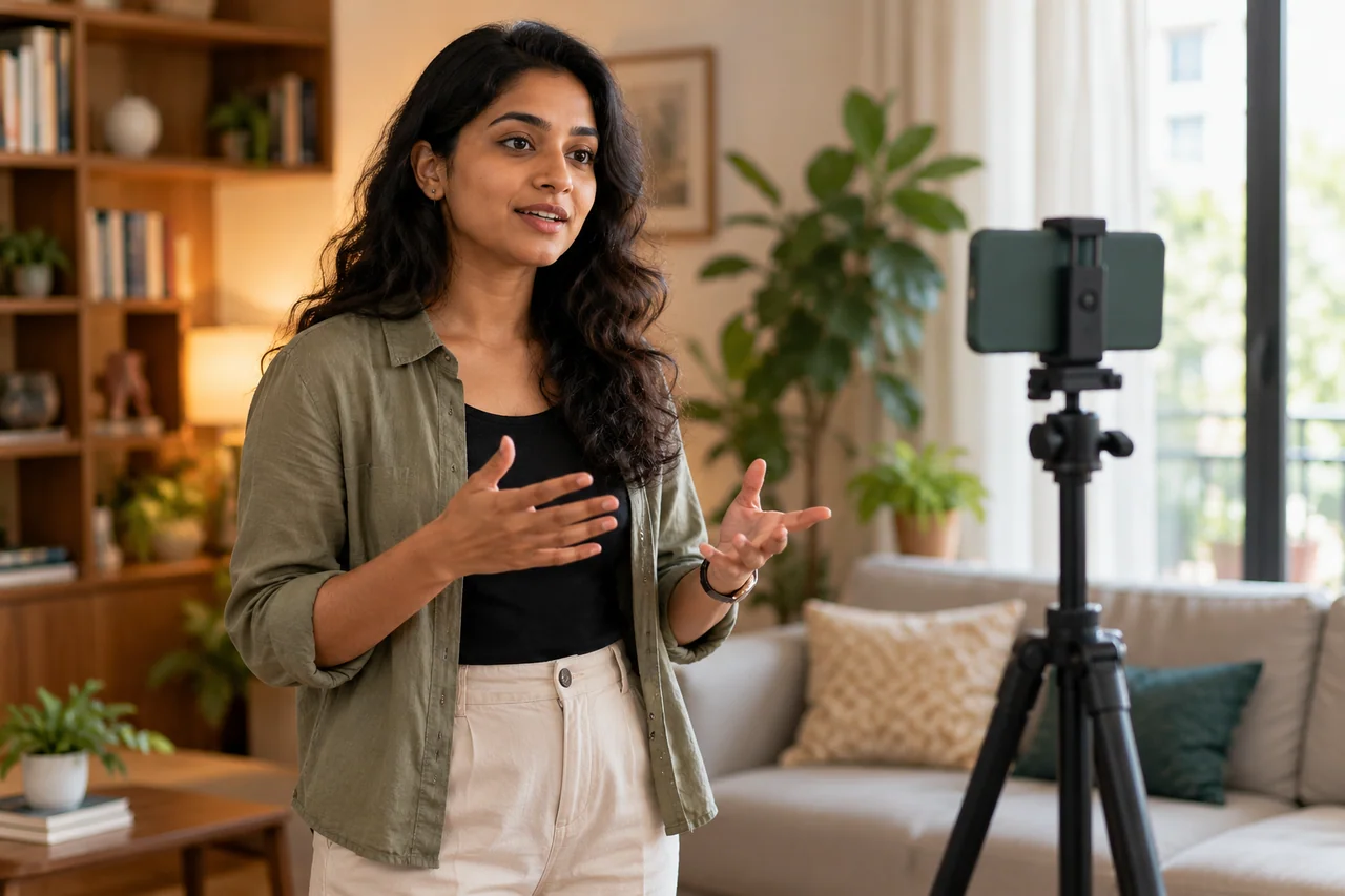 Person recording a practice speech with a phone on tripod Person recording a practice speech with a phone on tripod