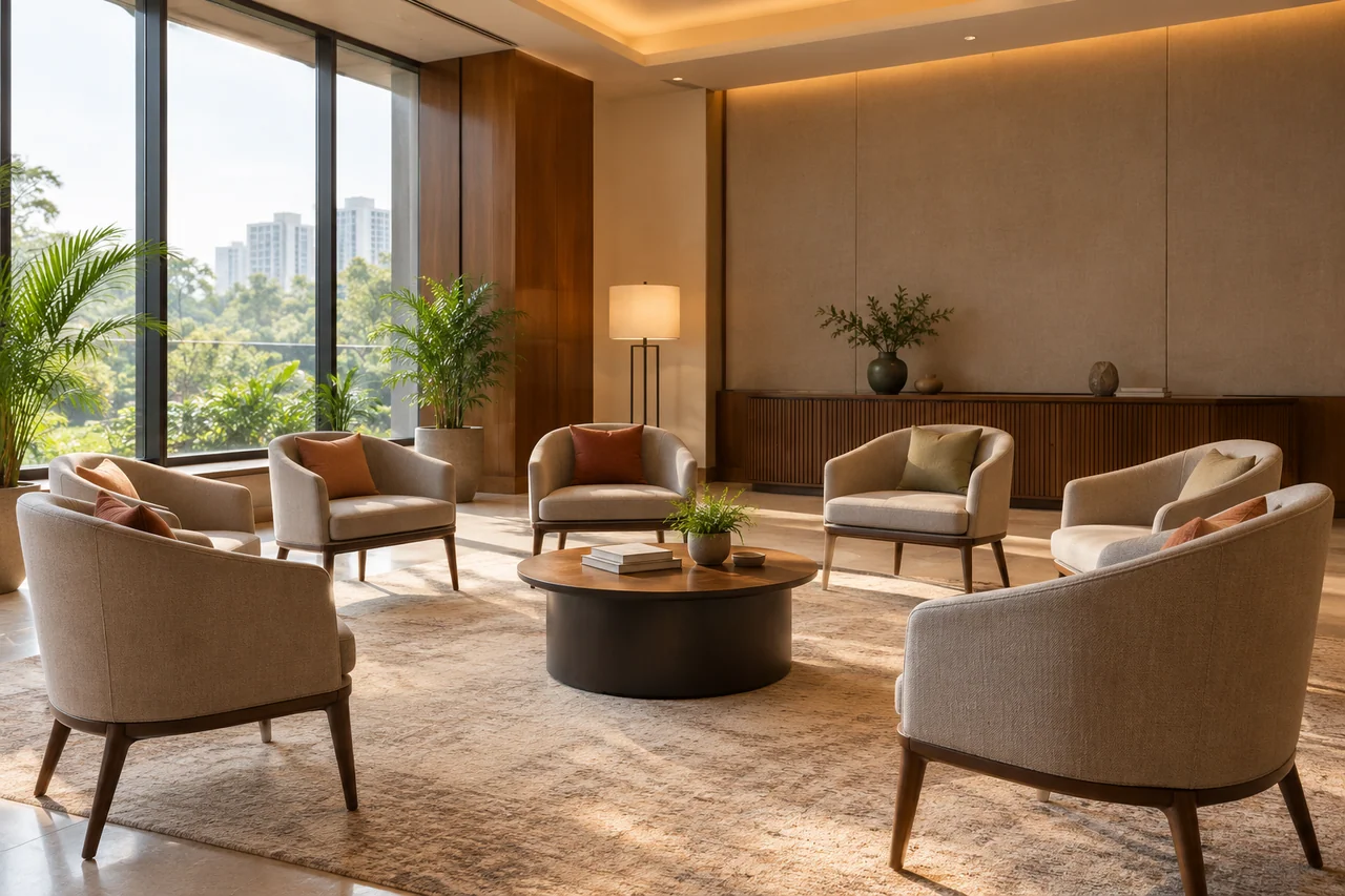 Empty contemporary discussion room with semicircular chairs Empty contemporary discussion room with semicircular chairs