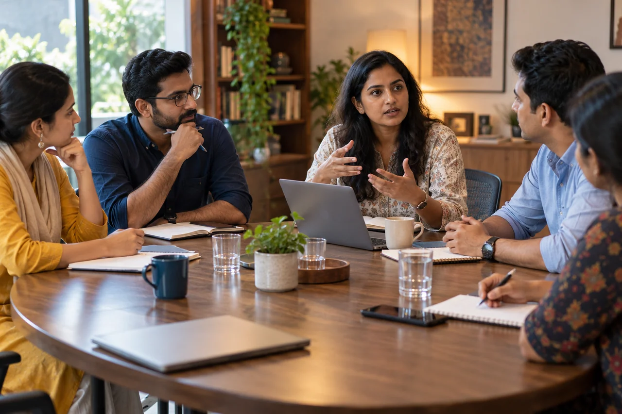Small group of Indian adults practicing debate around an oval table Small group of Indian adults practicing debate around an oval table