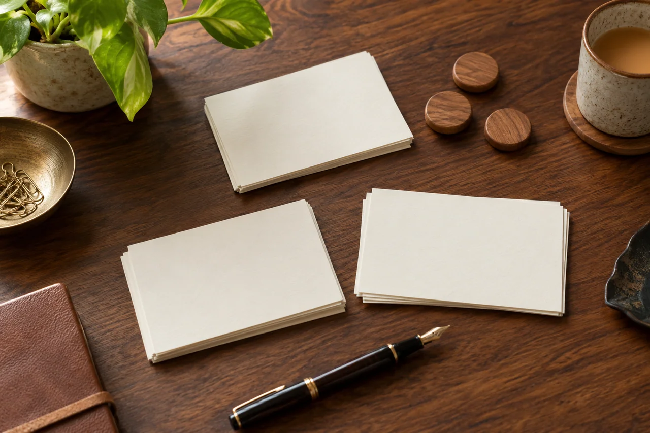 Blank argument cards, wooden counters and a fountain pen arranged on a discussion table