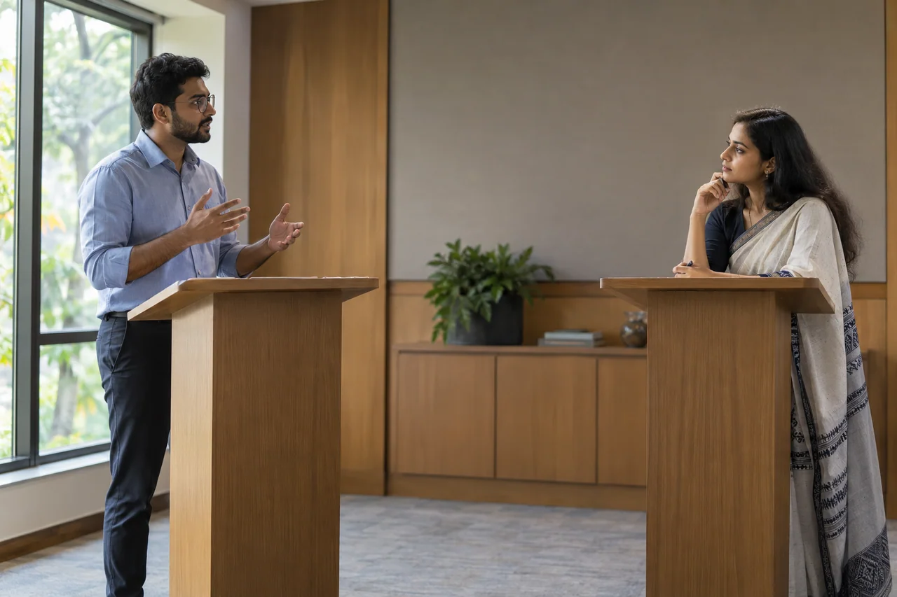 Two adult debate participants listening to each other at separate practice lecterns