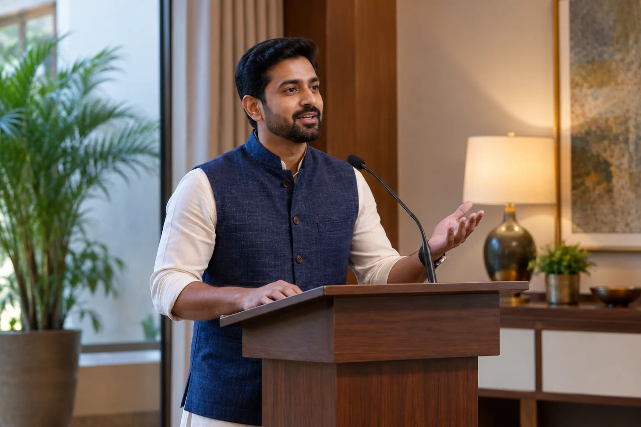 Indian adult speaker rehearsing at a small lectern in a refined community room