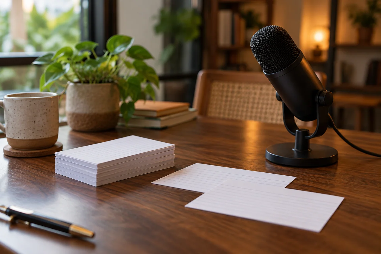 Index cards and a microphone on a walnut table