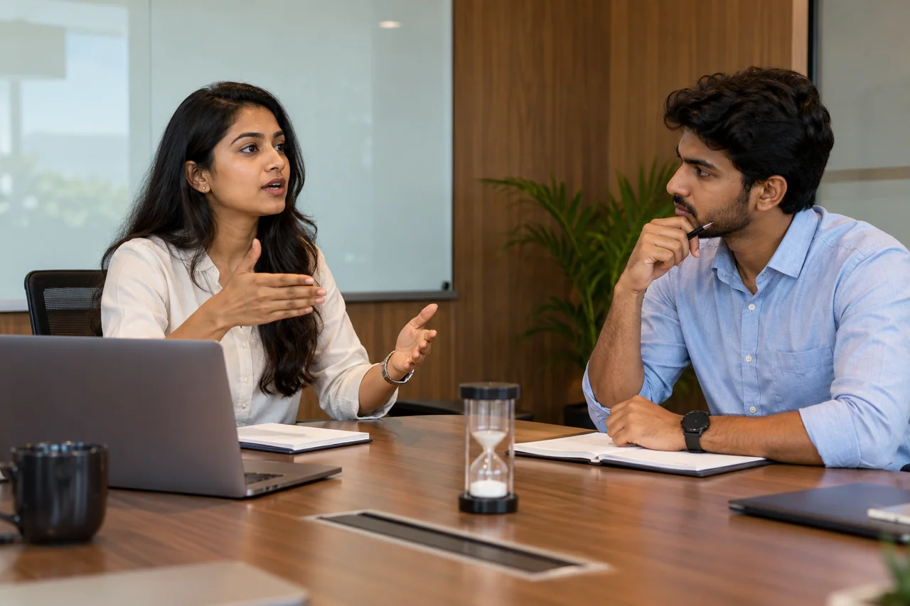 Pair practicing timed rebuttals in a meeting room