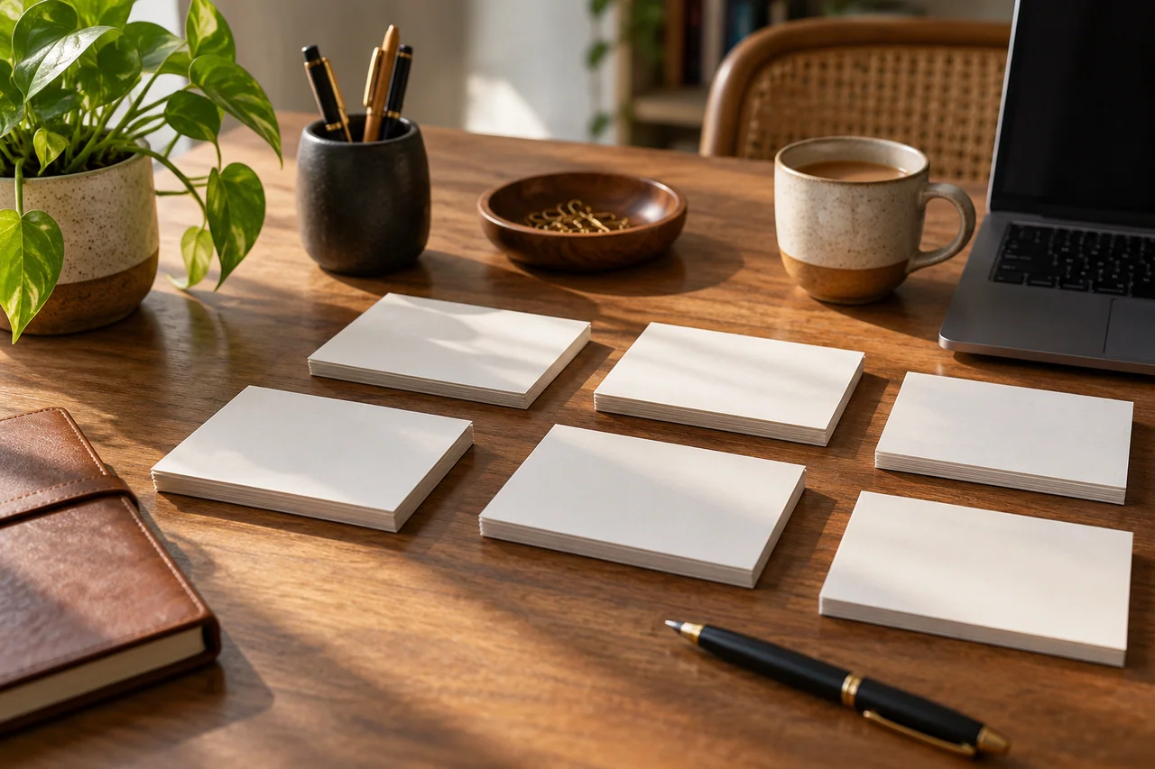 Blank argument cards organized on a desk