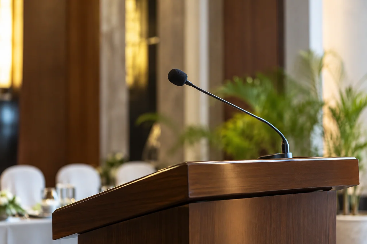 Microphone on a restrained lectern close up